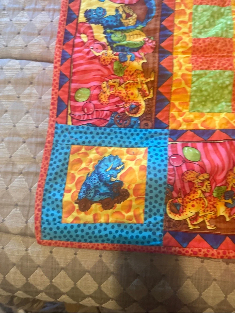 Homemade Dinosaur quilt Colorful Quilt Bright multi colors and dinosaurs